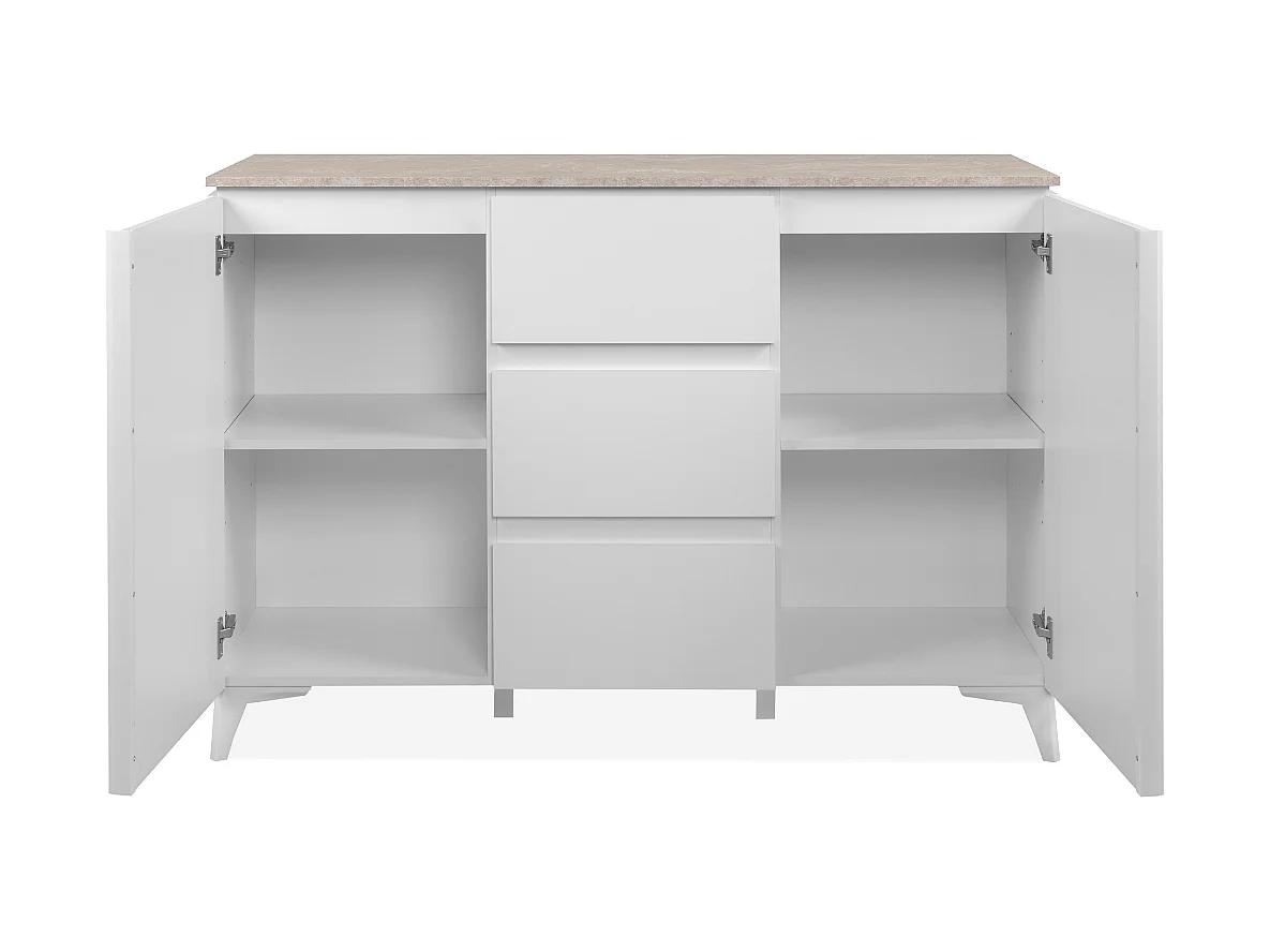 Commode 2 portes et 3 tiroirs décor travertin et blanc L133cm - BERTRIX