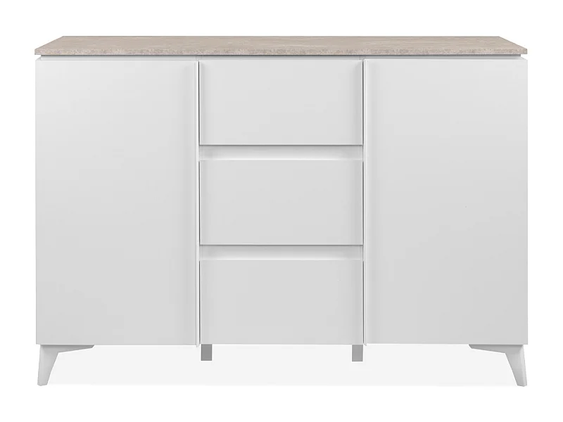 Commode 2 portes et 3 tiroirs décor travertin et blanc L133cm - BERTRIX