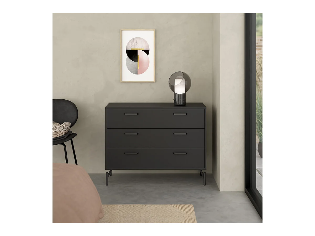 Commode 3 tiroirs noir mat avec piètement métal L99 cm - BORA