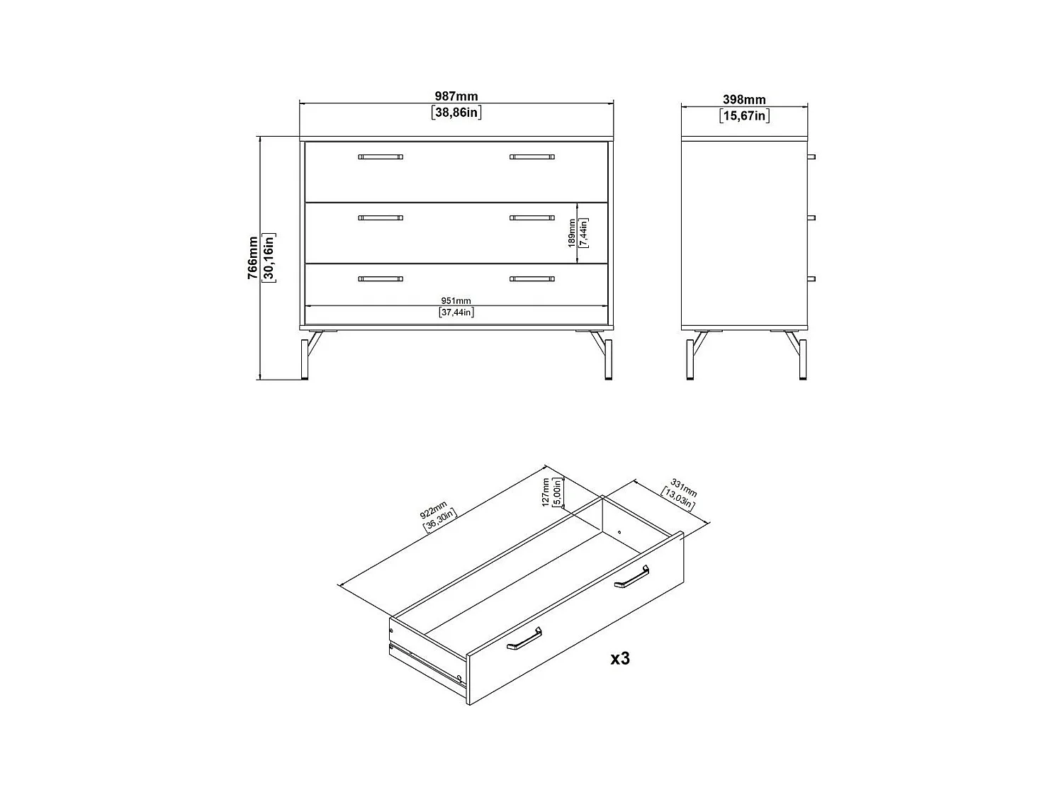 Commode 3 tiroirs noir mat avec piètement métal L99 cm - BORA
