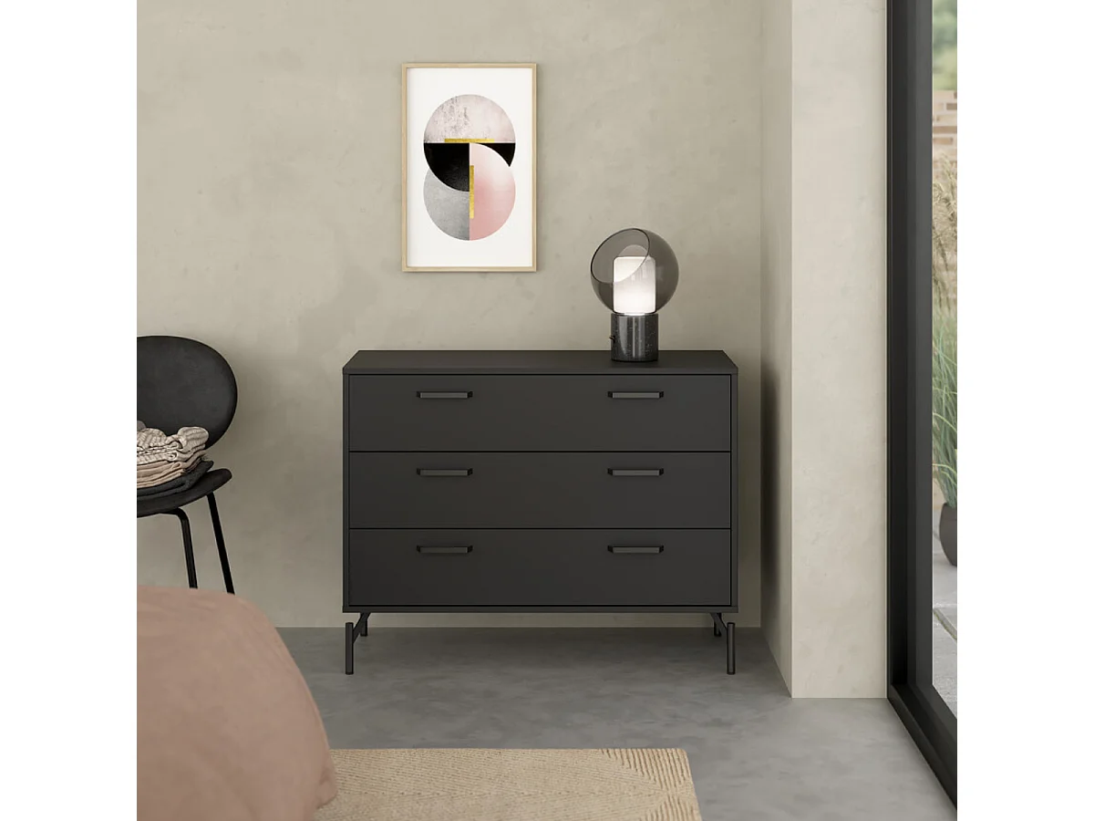 Commode 3 tiroirs noir mat avec piètement métal L99 cm - BORA