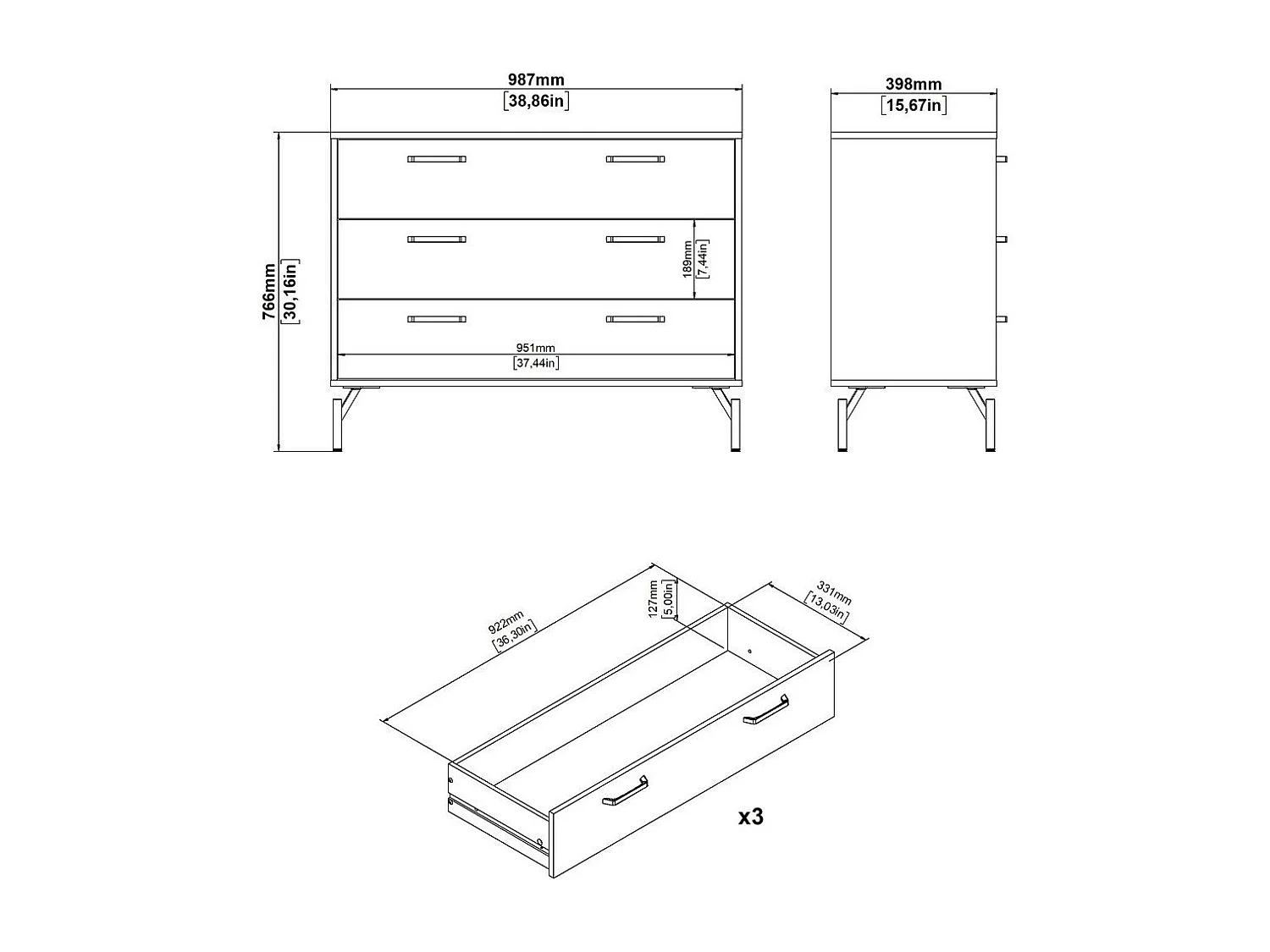 Commode 3 tiroirs noir mat avec piètement métal L99 cm - BORA