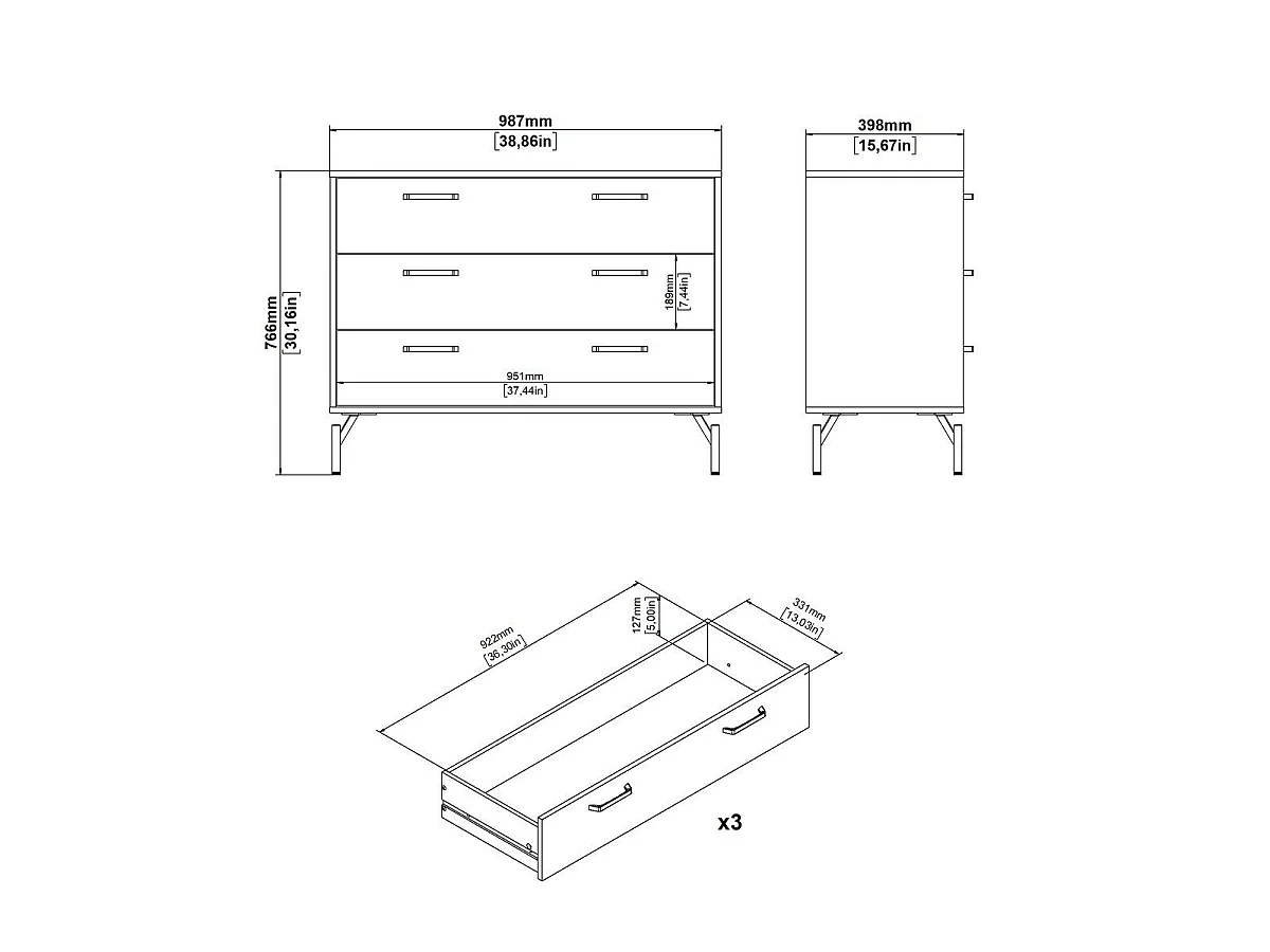Ladekast met 3 lades matzwart met metalen onderstel B98,7 cm – BORA