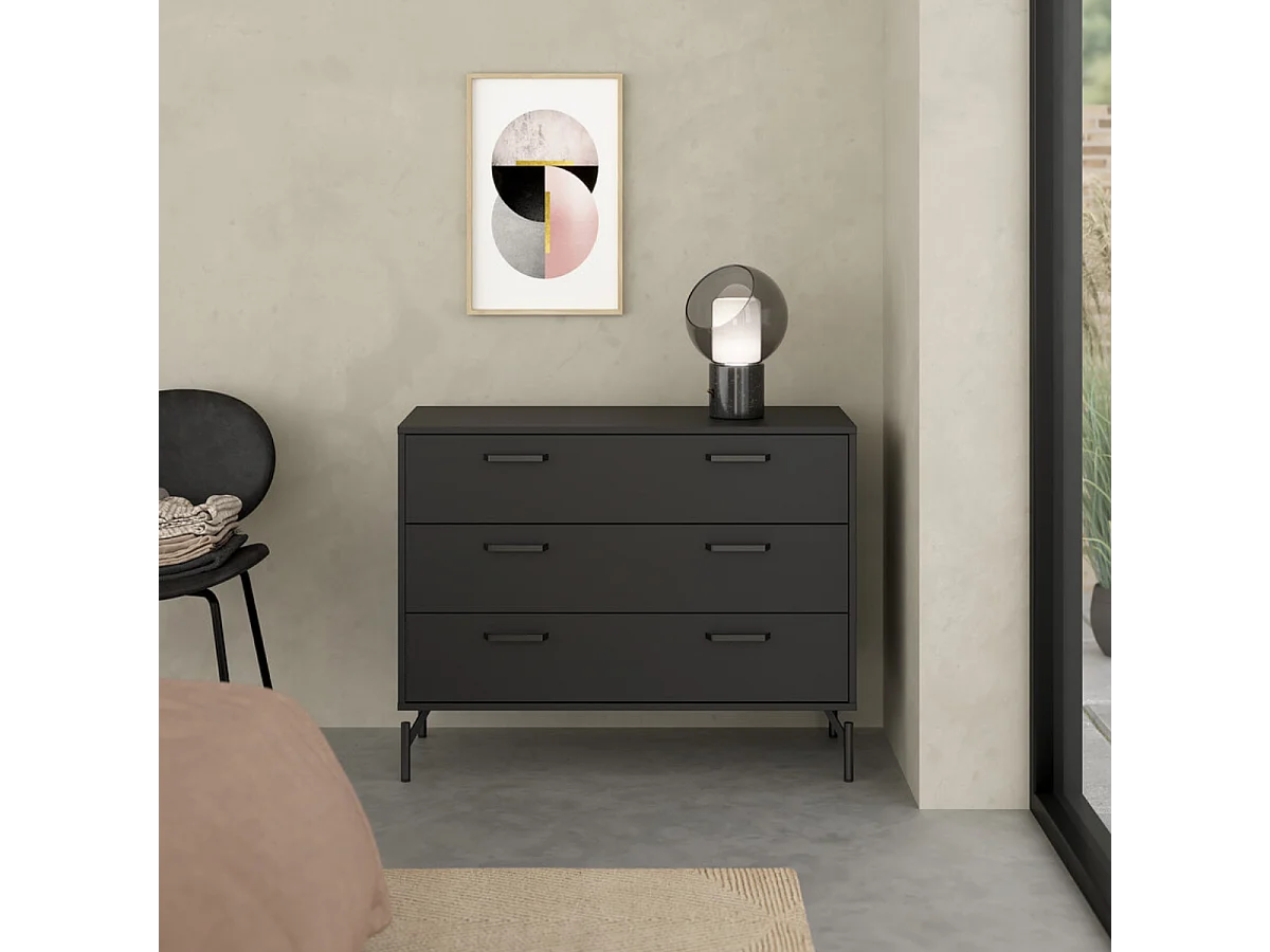 Commode 3 tiroirs noir mat avec piètement métal L99 cm - BORA