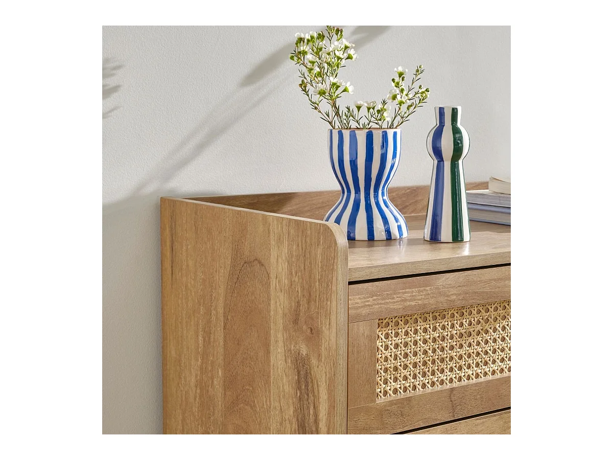 Commode 3 tiroirs avec façades en rotin naturel L80 cm - PALMO