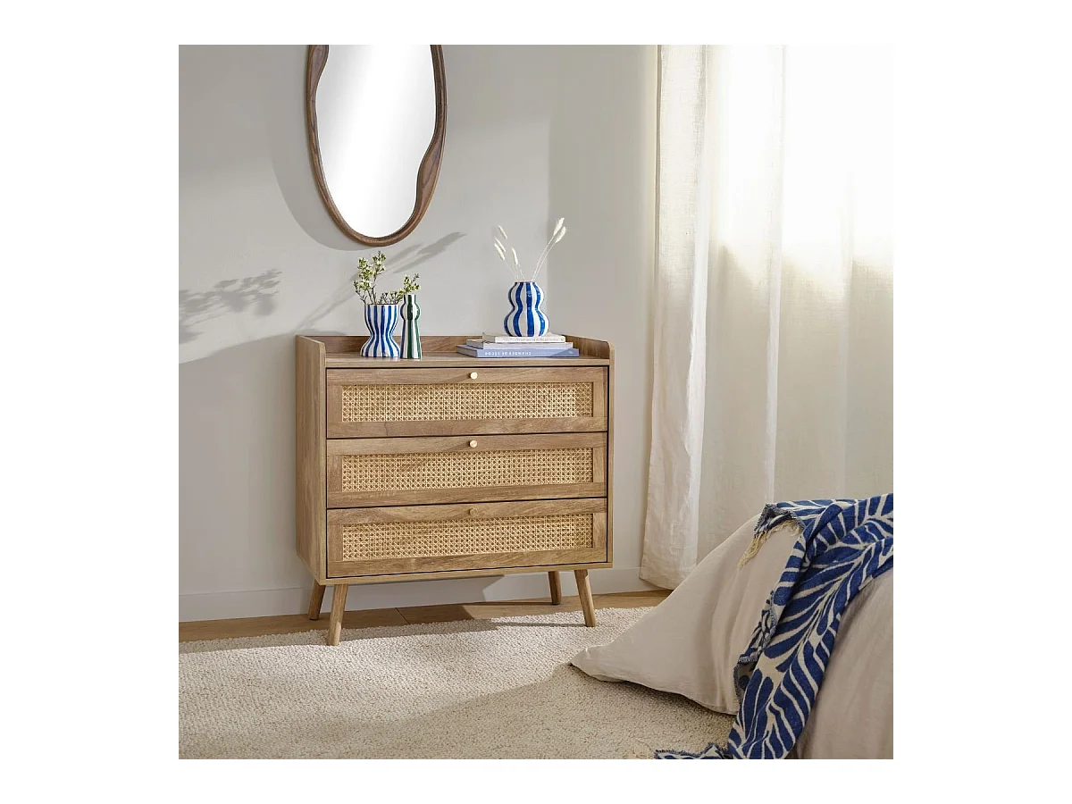 Commode 3 tiroirs avec façades en rotin naturel L80 cm - PALMO