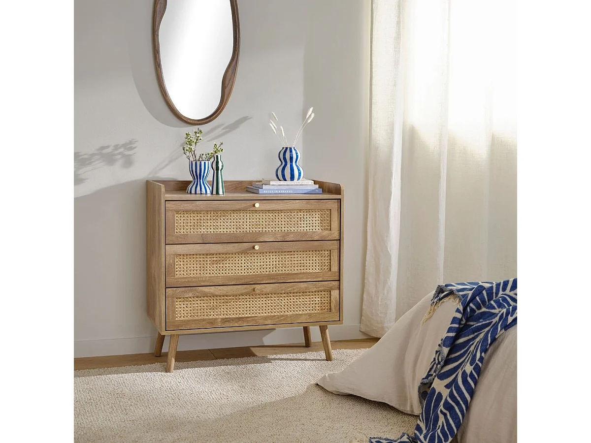 Commode 3 tiroirs avec façades en rotin naturel L80 cm - PALMO