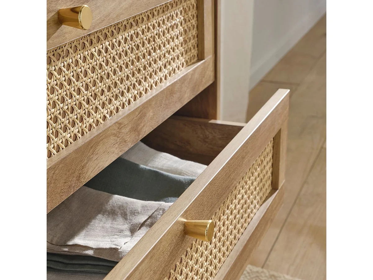 Commode 3 tiroirs avec façades en rotin naturel L80 cm - PALMO
