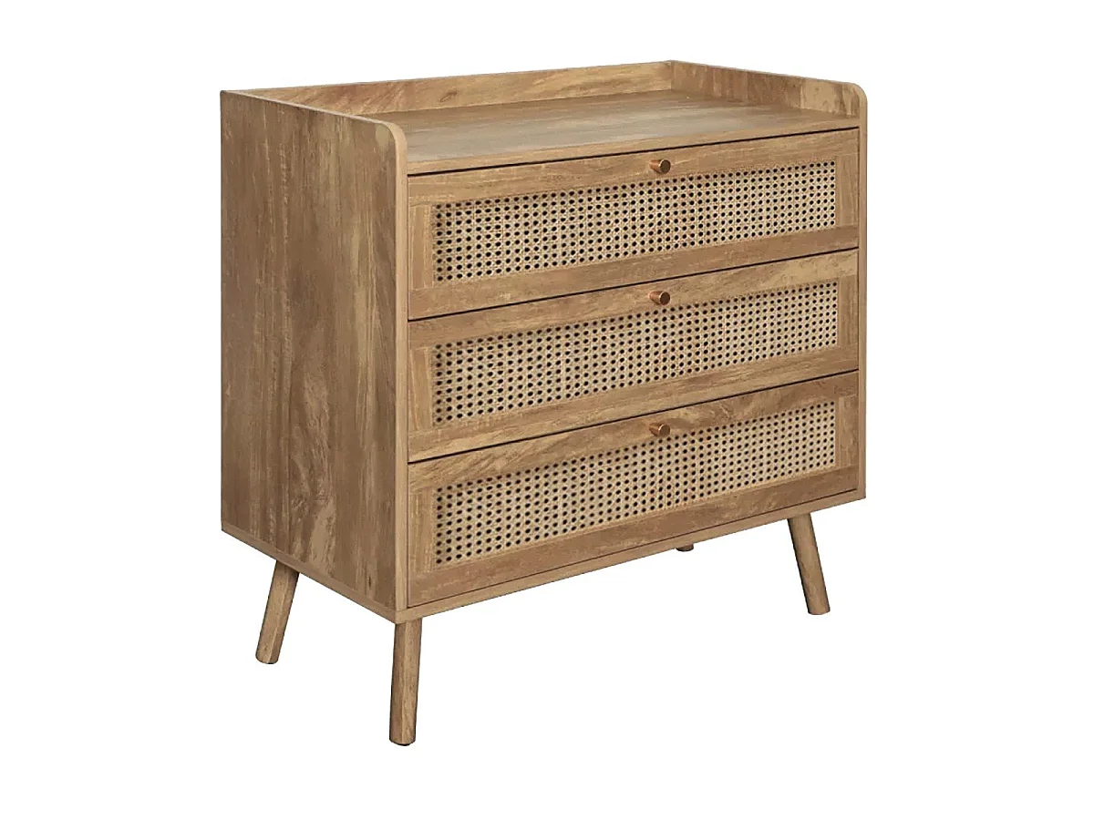 Commode 3 tiroirs avec façades en rotin naturel L80 cm - PALMO