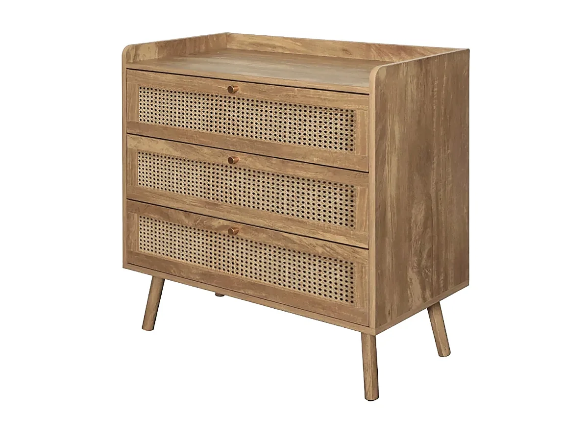 Commode 3 tiroirs avec façades en rotin naturel L80 cm - PALMO