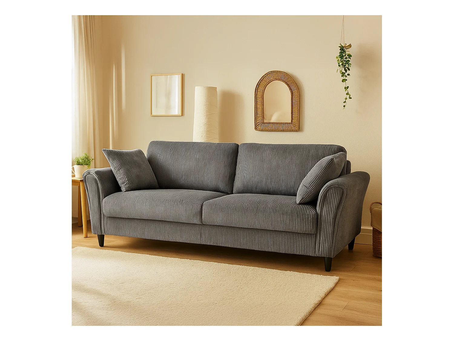 Divano dritto 4 posti in velluto a coste grigio scuro LUCERNE - Confortevole, elegante e contemporaneo