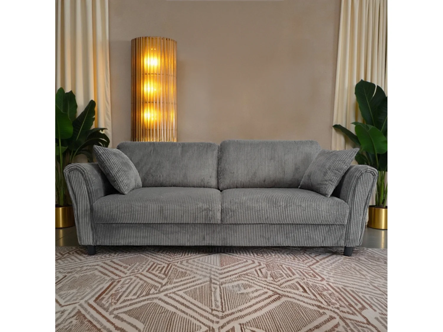 Sofá recto de 4 plazas de terciopelo acanalado gris oscuro LUCERNE - Cómodo, elegante y contemporáneo