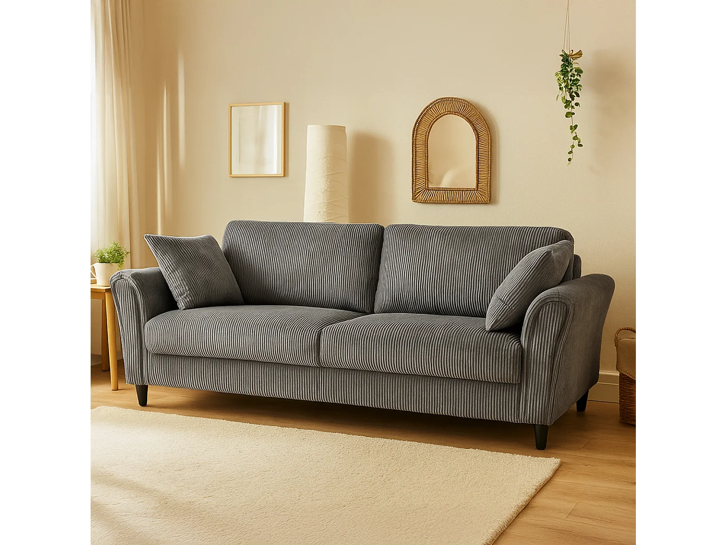 Sofá recto de 4 plazas de terciopelo acanalado gris oscuro LUCERNE - Cómodo, elegante y contemporáneo