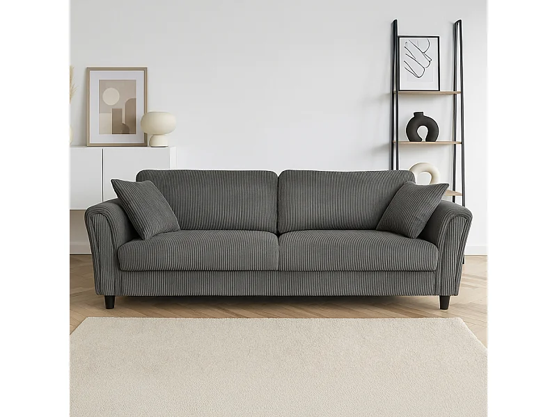 Divano dritto 4 posti in velluto a coste grigio scuro LUCERNE - Confortevole, elegante e contemporaneo