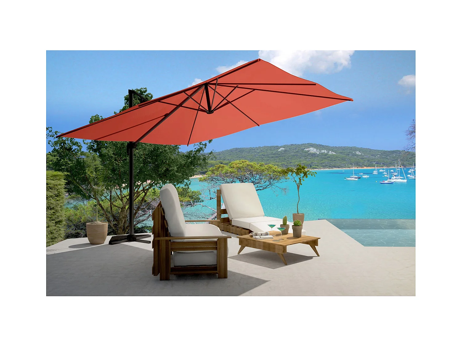 Bundle parasol 3x4m déporté rotatif terracotta + housse CESARE
