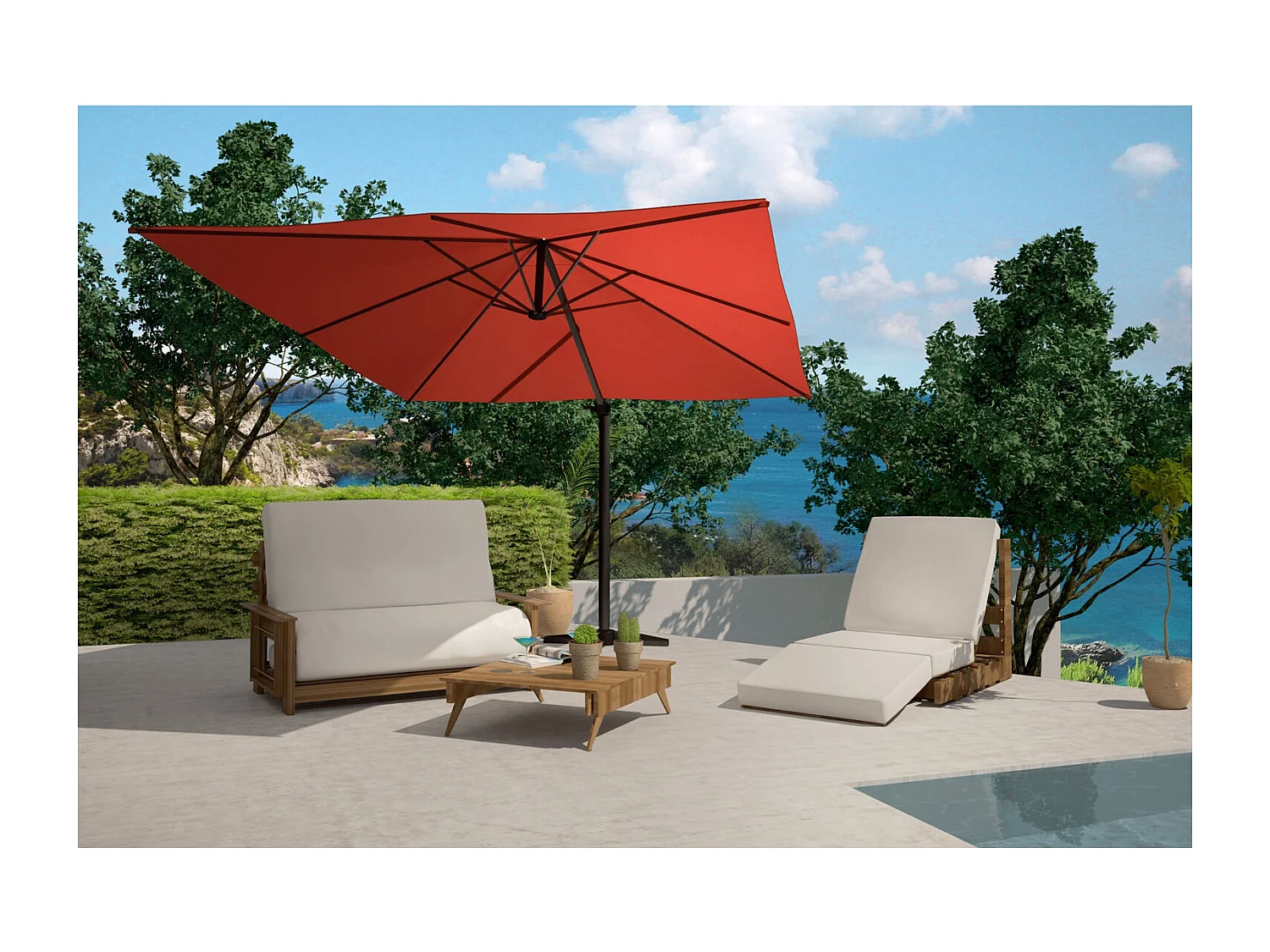 Bundle parasol 3x4m déporté rotatif terracotta + housse CESARE