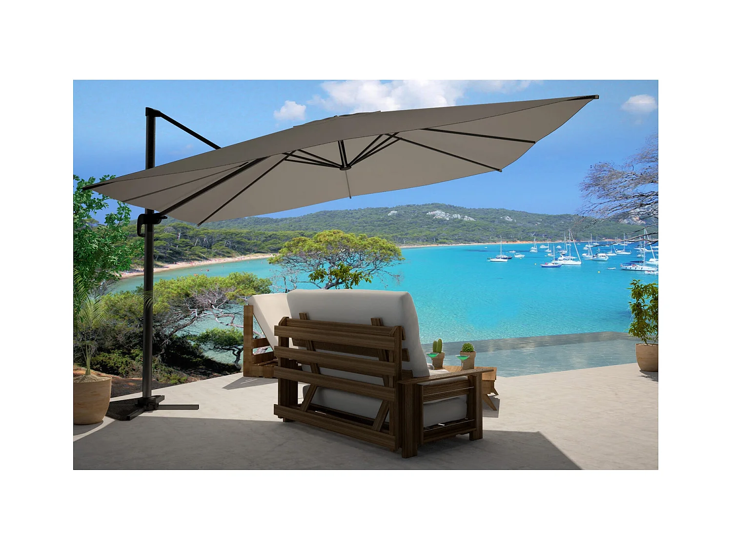 Bundle parasol 3x4m déporté rotatif gris + housse CESARE
