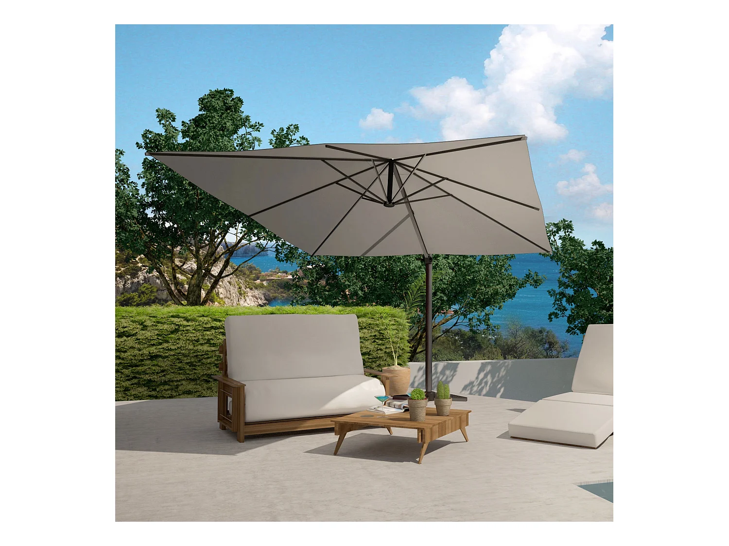 Bundle parasol 3x4m déporté rotatif gris + housse CESARE