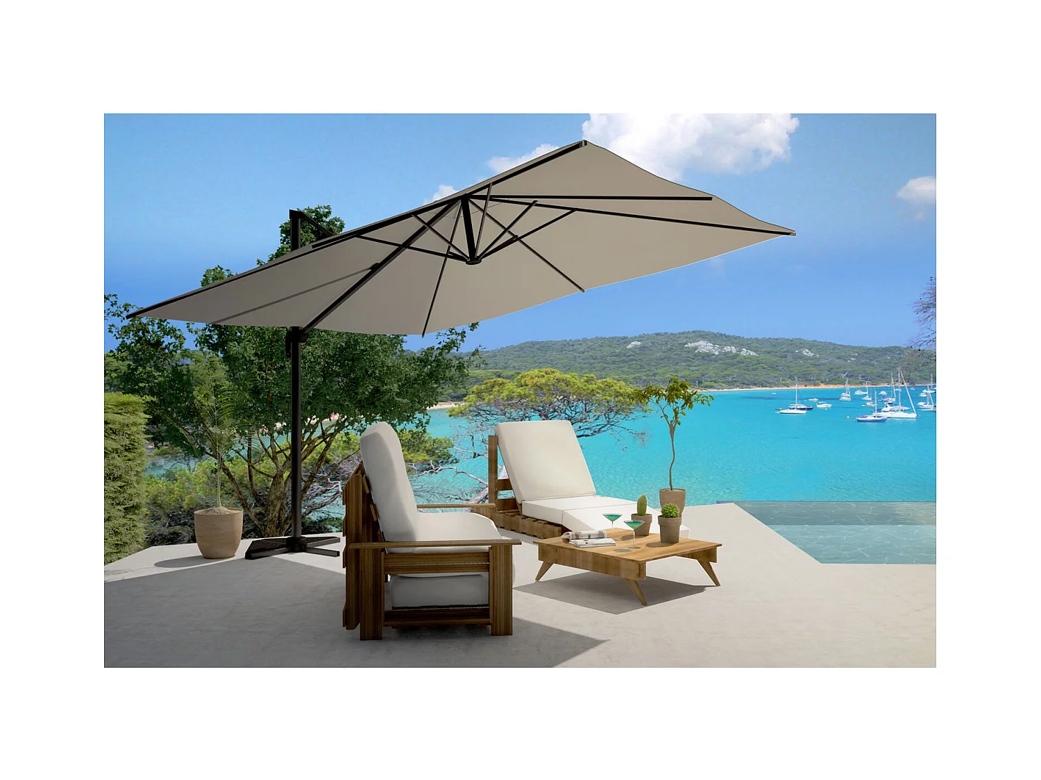 Bundle parasol 3x4m déporté rotatif gris + housse CESARE