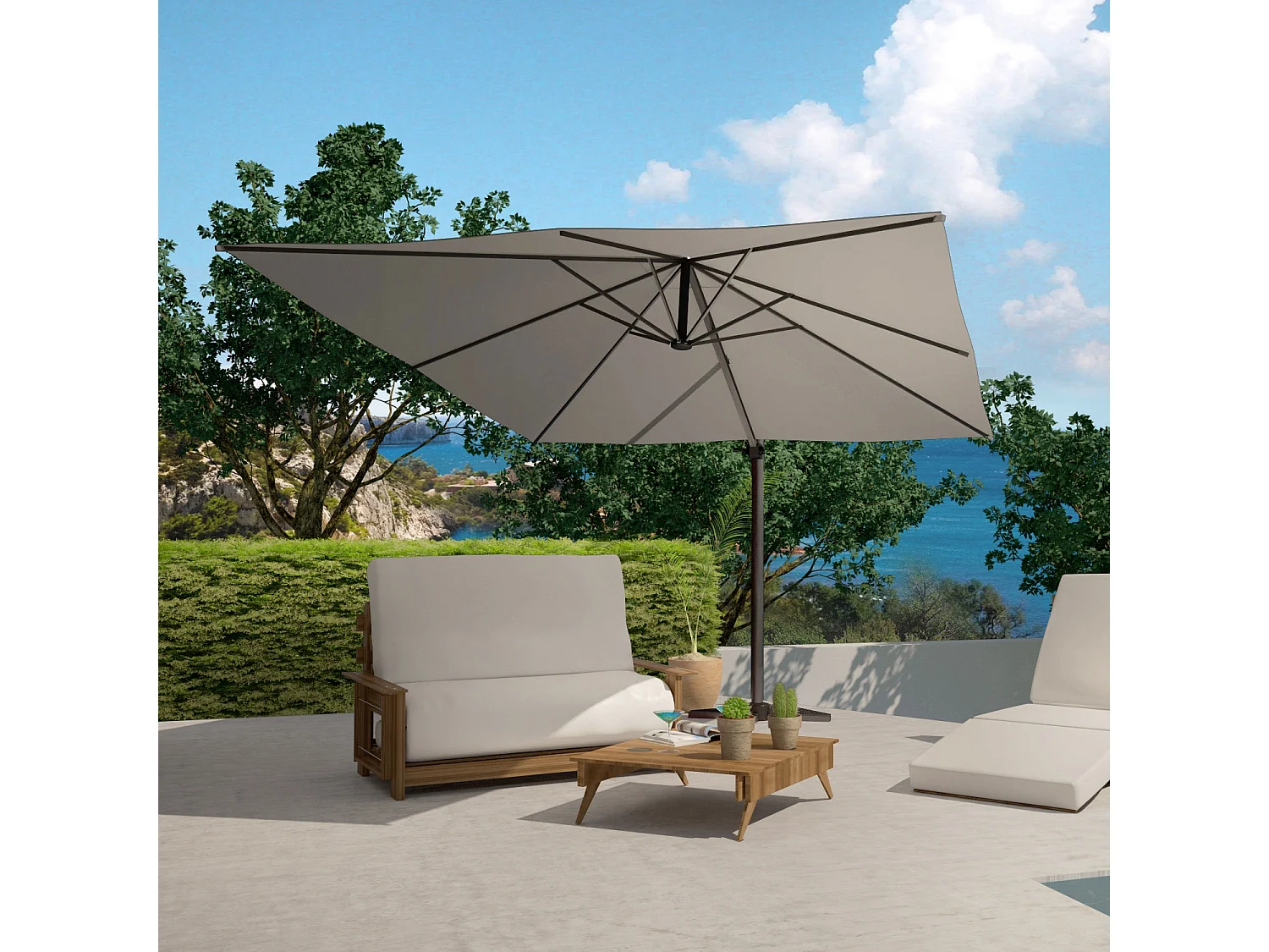 Bundle parasol 3x4m déporté rotatif gris + housse CESARE