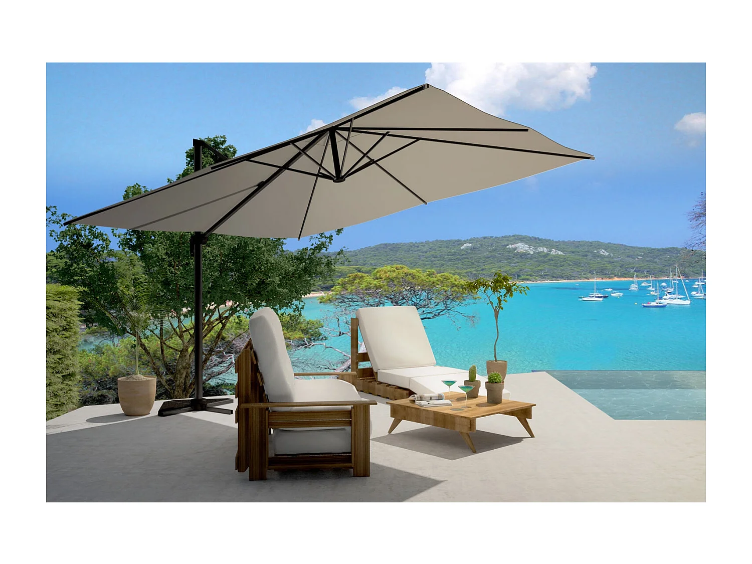 Bundle parasol 3x4m déporté rotatif gris + housse CESARE