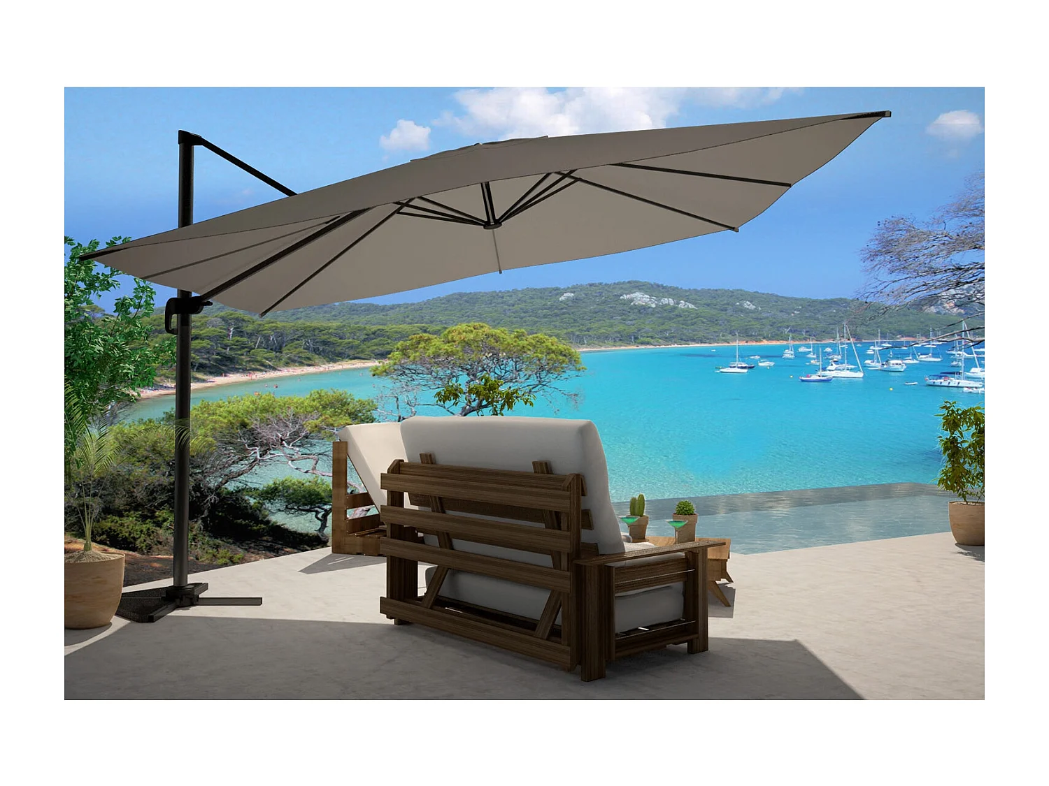 Bundle parasol 3x4m déporté rotatif gris + housse CESARE