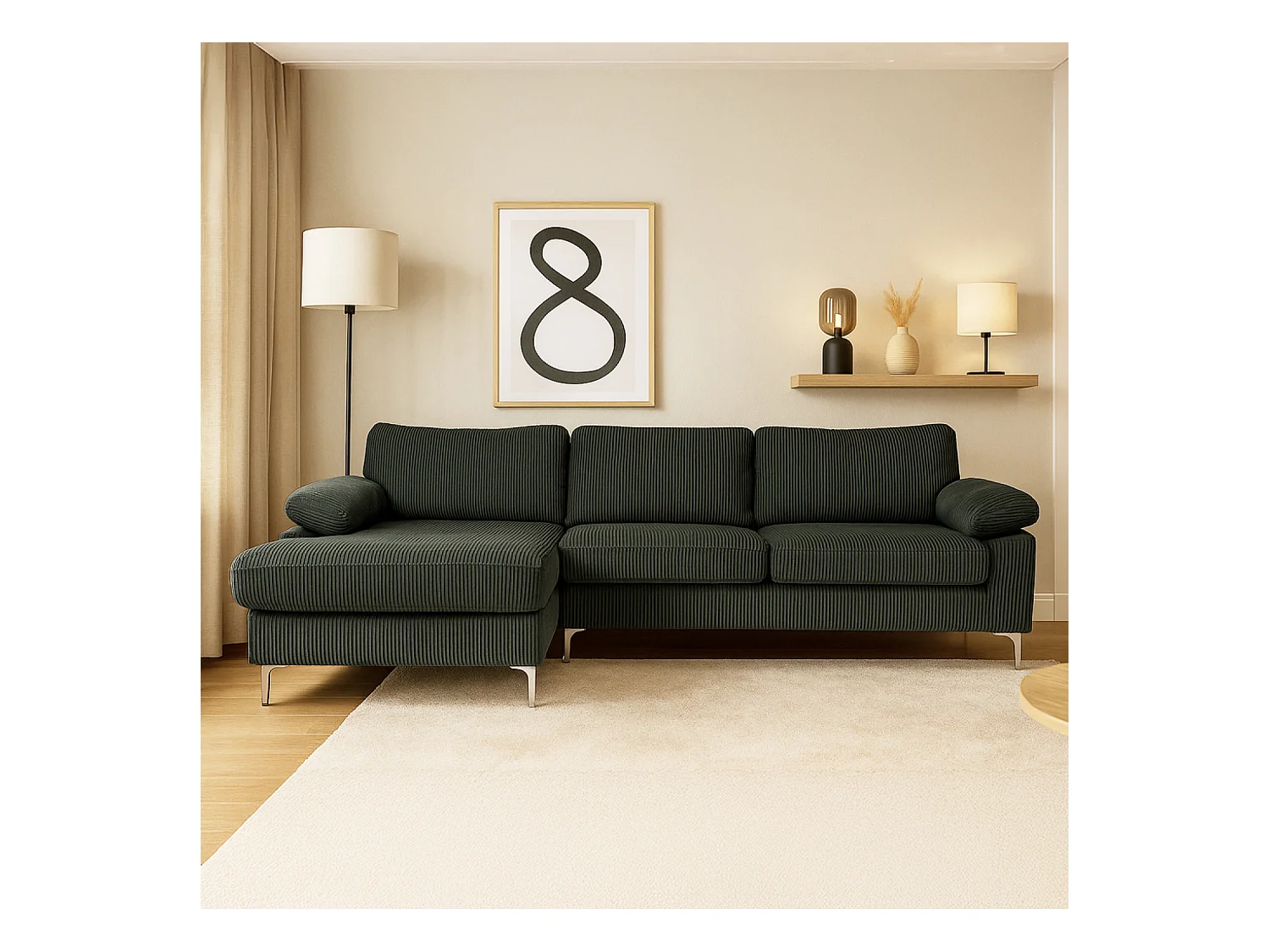 Canapé d'angle 4-5 places méridienne gauche velours côtelé vert GALWAY