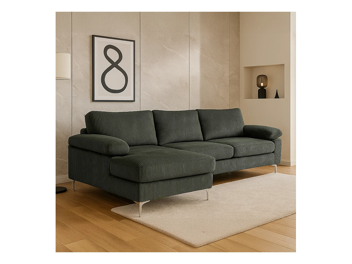 Canapé d'angle 4-5 places méridienne gauche velours côtelé vert GALWAY