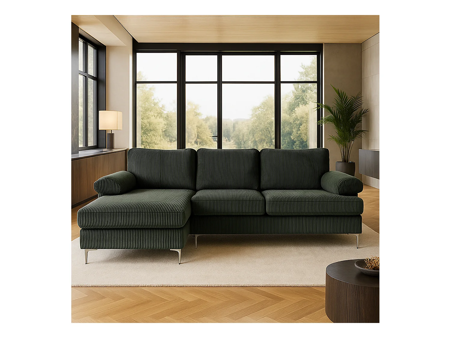 Canapé d'angle 4-5 places méridienne gauche velours côtelé vert GALWAY