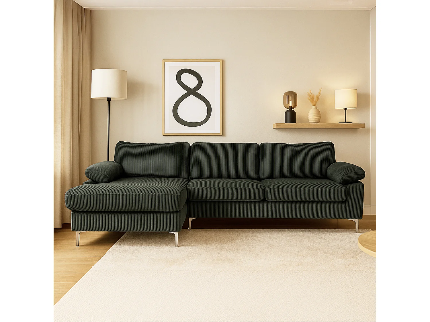 Canapé d'angle 4-5 places méridienne gauche velours côtelé vert GALWAY