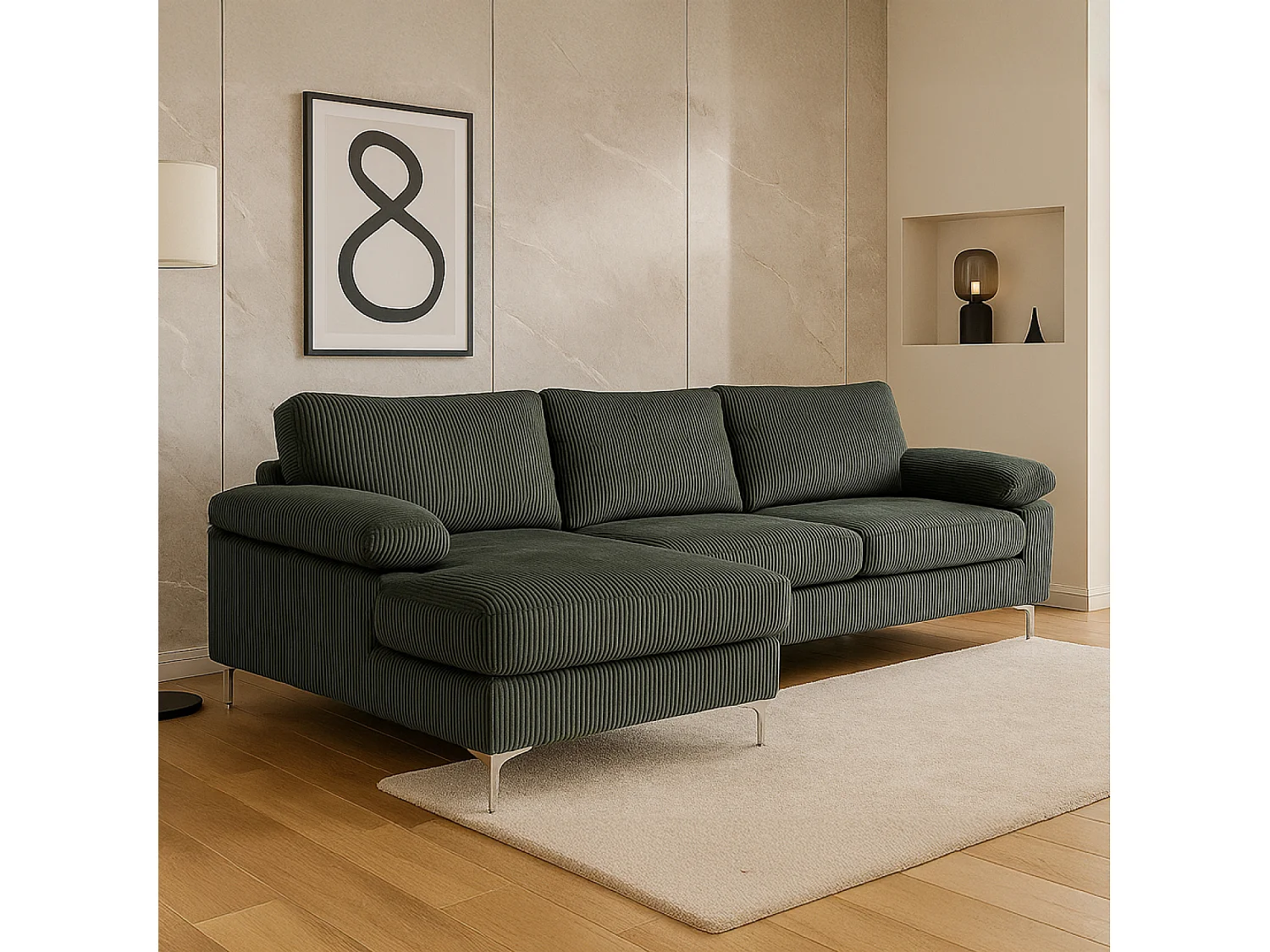 Canapé d'angle 4-5 places méridienne gauche velours côtelé vert GALWAY