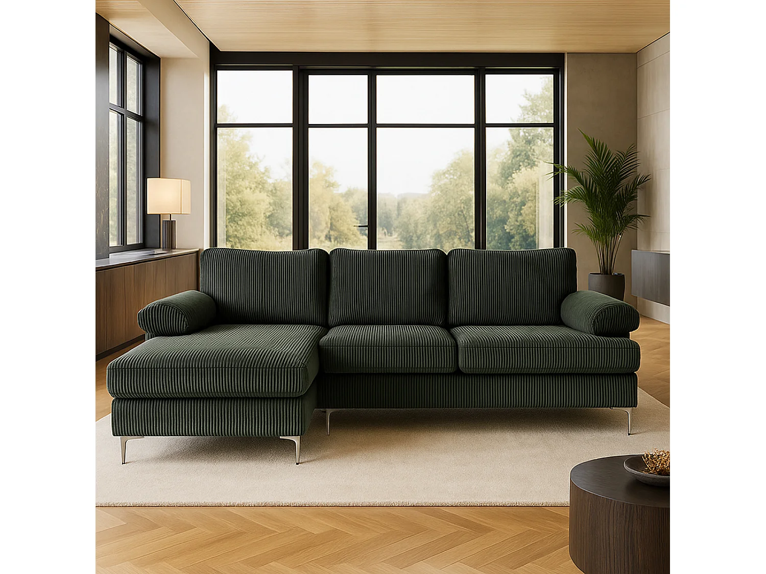 Canapé d'angle 4-5 places méridienne gauche velours côtelé vert GALWAY