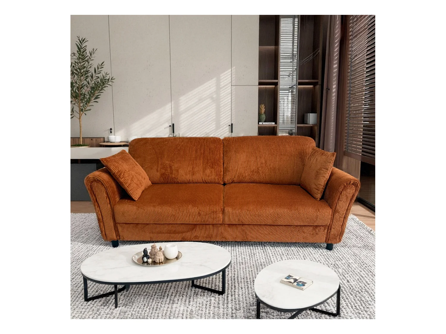 4-zits bank van ribfluweel terracotta LUCERNE - Comfortabel en elegant