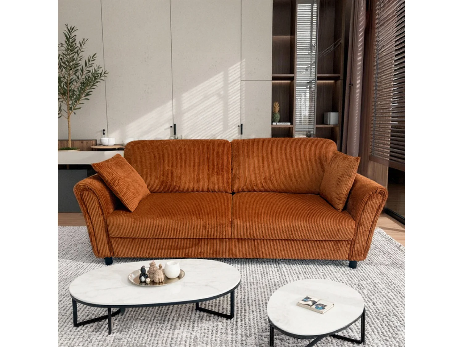 Sofá de 4 plazas en terciopelo acanalado terracota LUCERNE - Cómodo y elegante