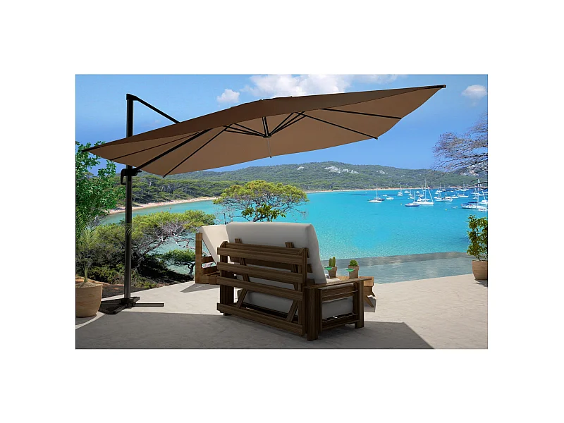 Bundle parasol rectangulaire 3x4m déporté rotatif marron aluminium + housse CESARE