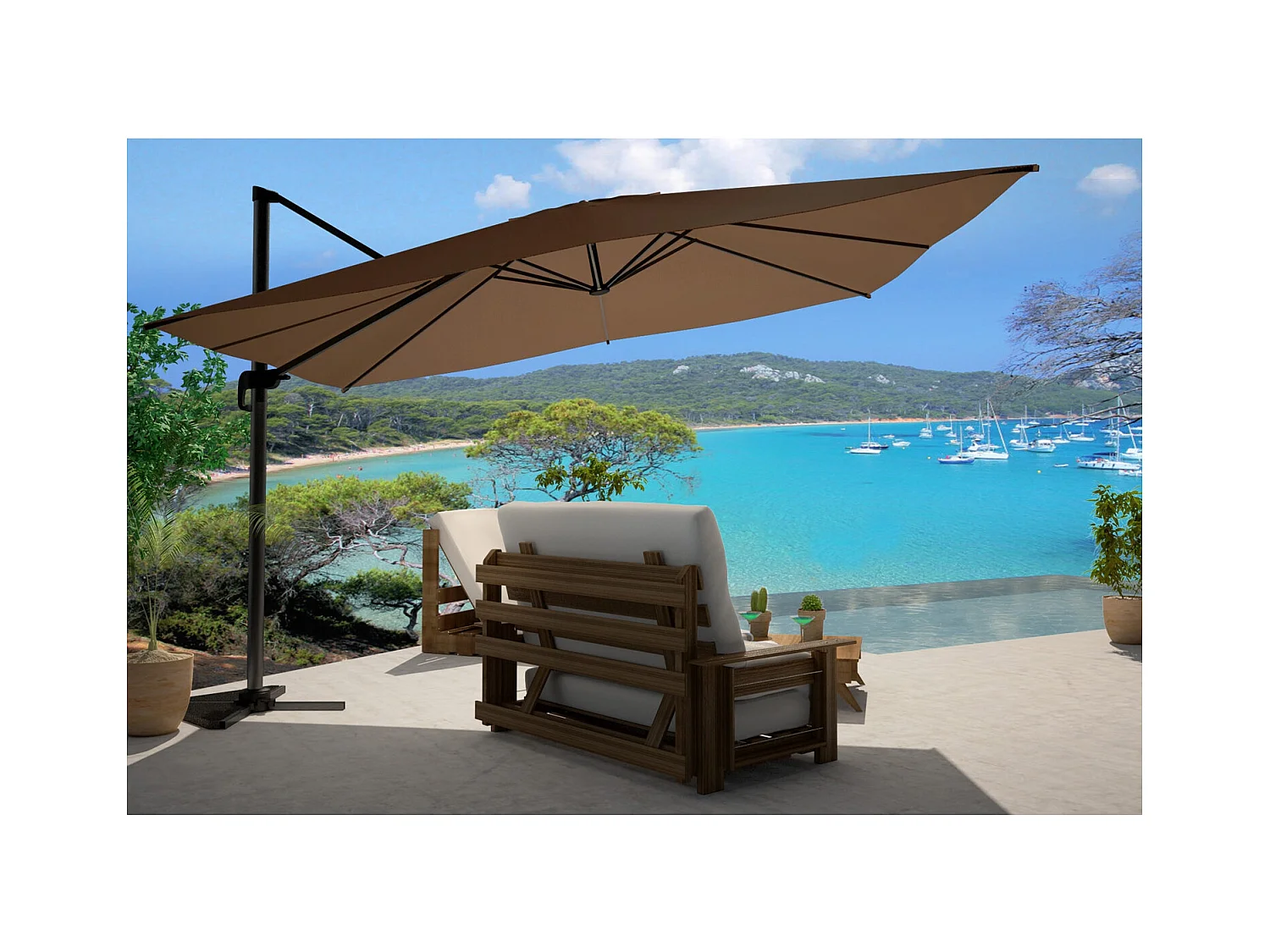 Bundle parasol rectangulaire 3x4m déporté rotatif marron aluminium + housse CESARE