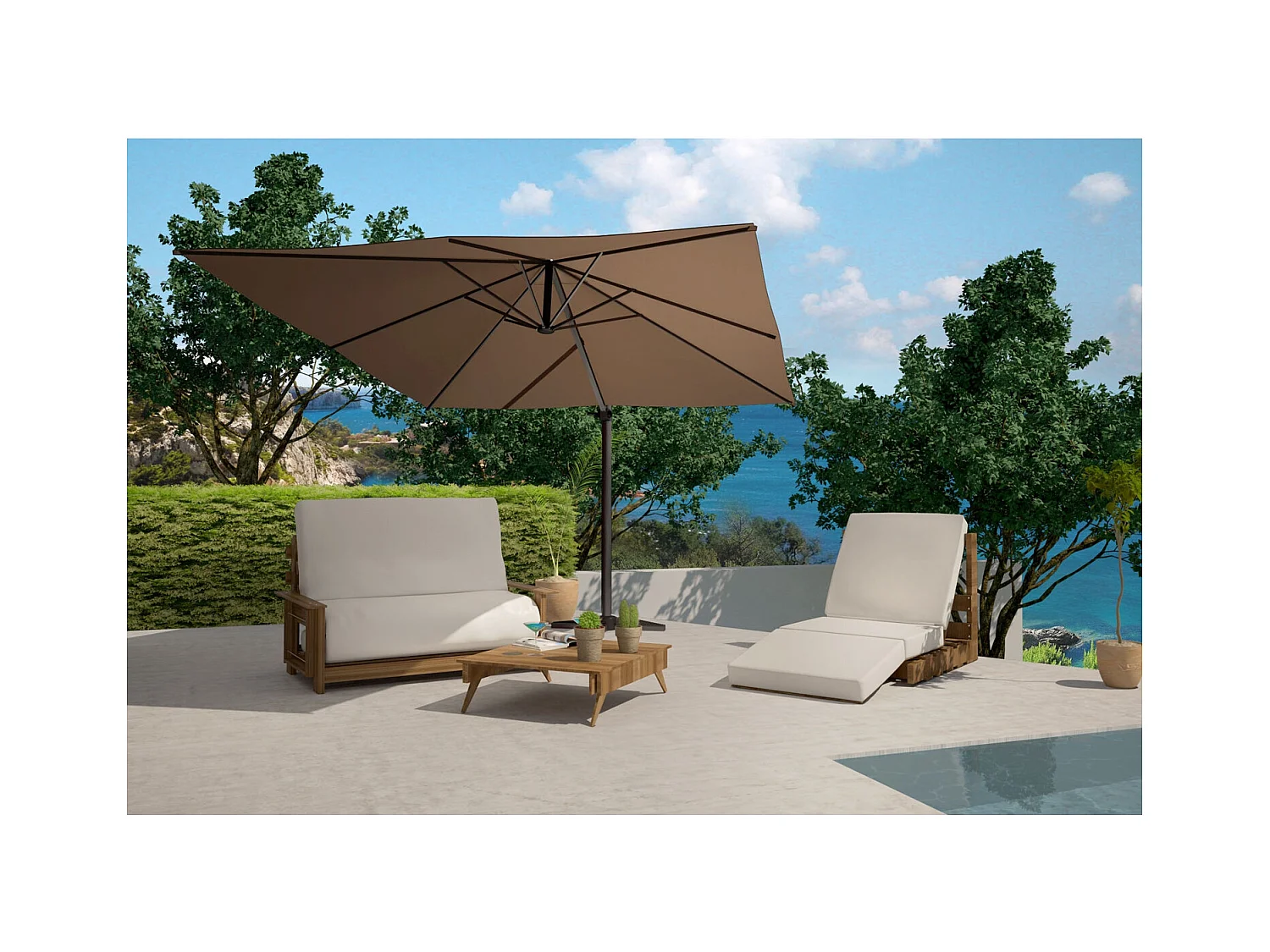 Bundle parasol rectangulaire 3x4m déporté rotatif marron aluminium + housse CESARE