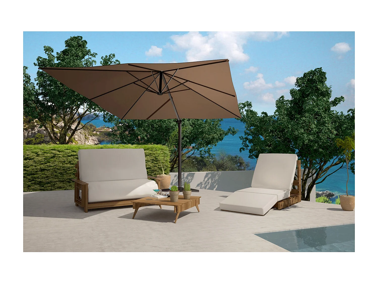 Bundle parasol rectangulaire 3x4m déporté rotatif marron aluminium + housse CESARE