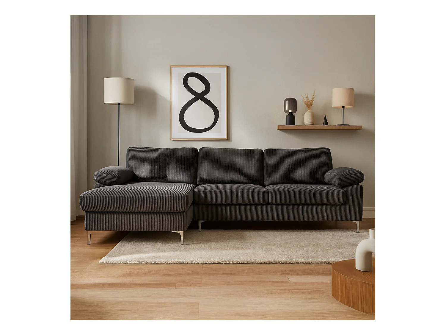 Canapé d'angle 4-5 places méridienne gauche velours côtelé gris anthracite GALWAY