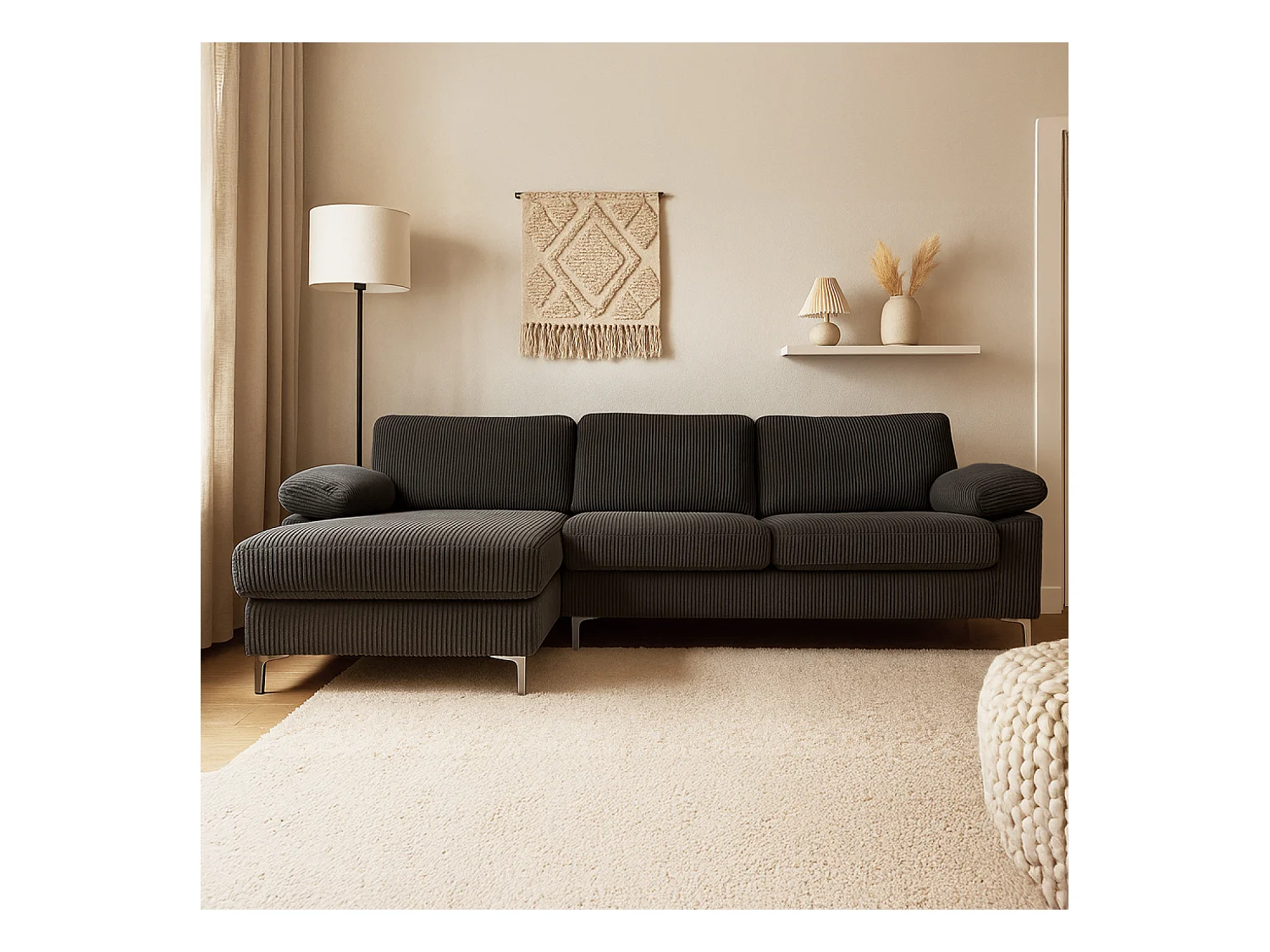 Canapé d'angle 4-5 places méridienne gauche velours côtelé gris anthracite GALWAY