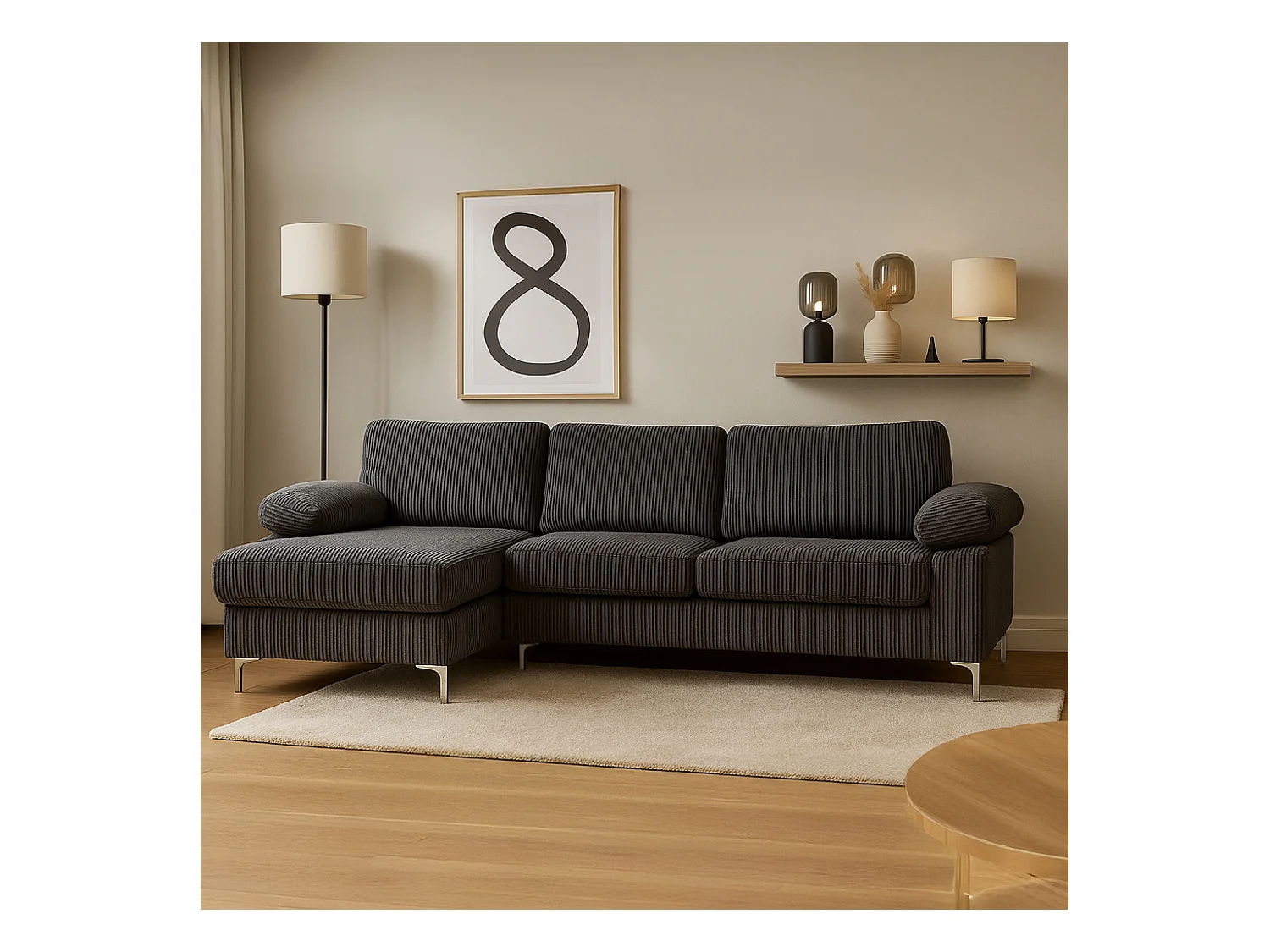 Canapé d'angle 4-5 places méridienne gauche velours côtelé gris anthracite GALWAY