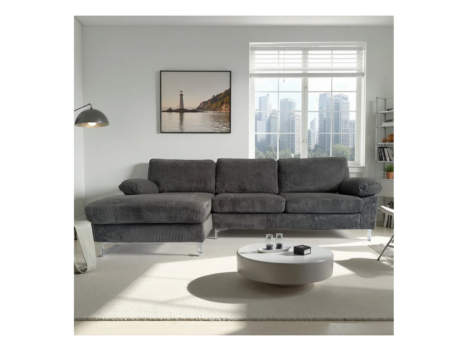 Canapé d'angle 4-5 places méridienne gauche velours côtelé gris anthracite GALWAY