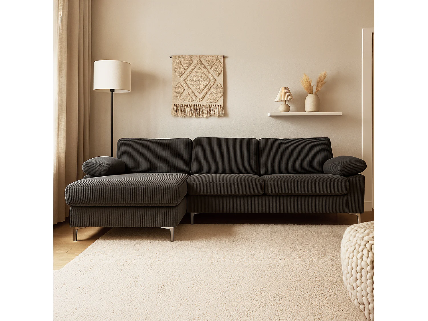 Divano d'angolo 4-5 posti con chaise longue sinistra in velluto a coste grigio antracite GALWAY