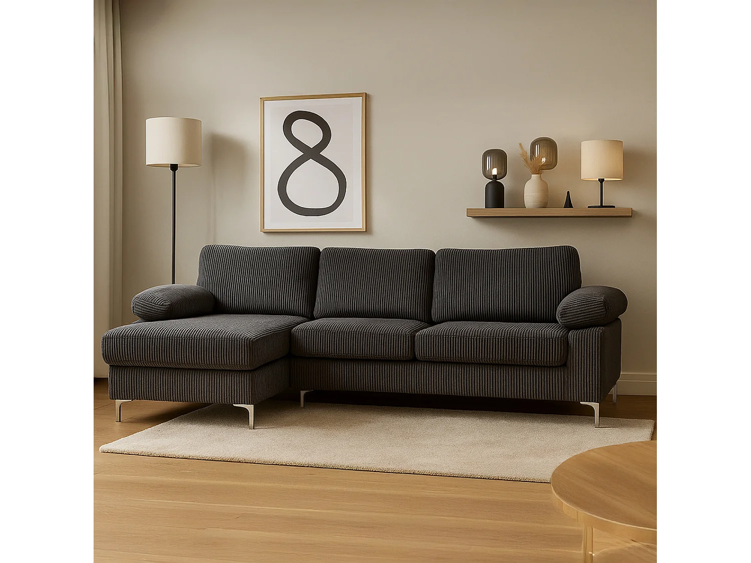 Divano d'angolo 4-5 posti con chaise longue sinistra in velluto a coste grigio antracite GALWAY