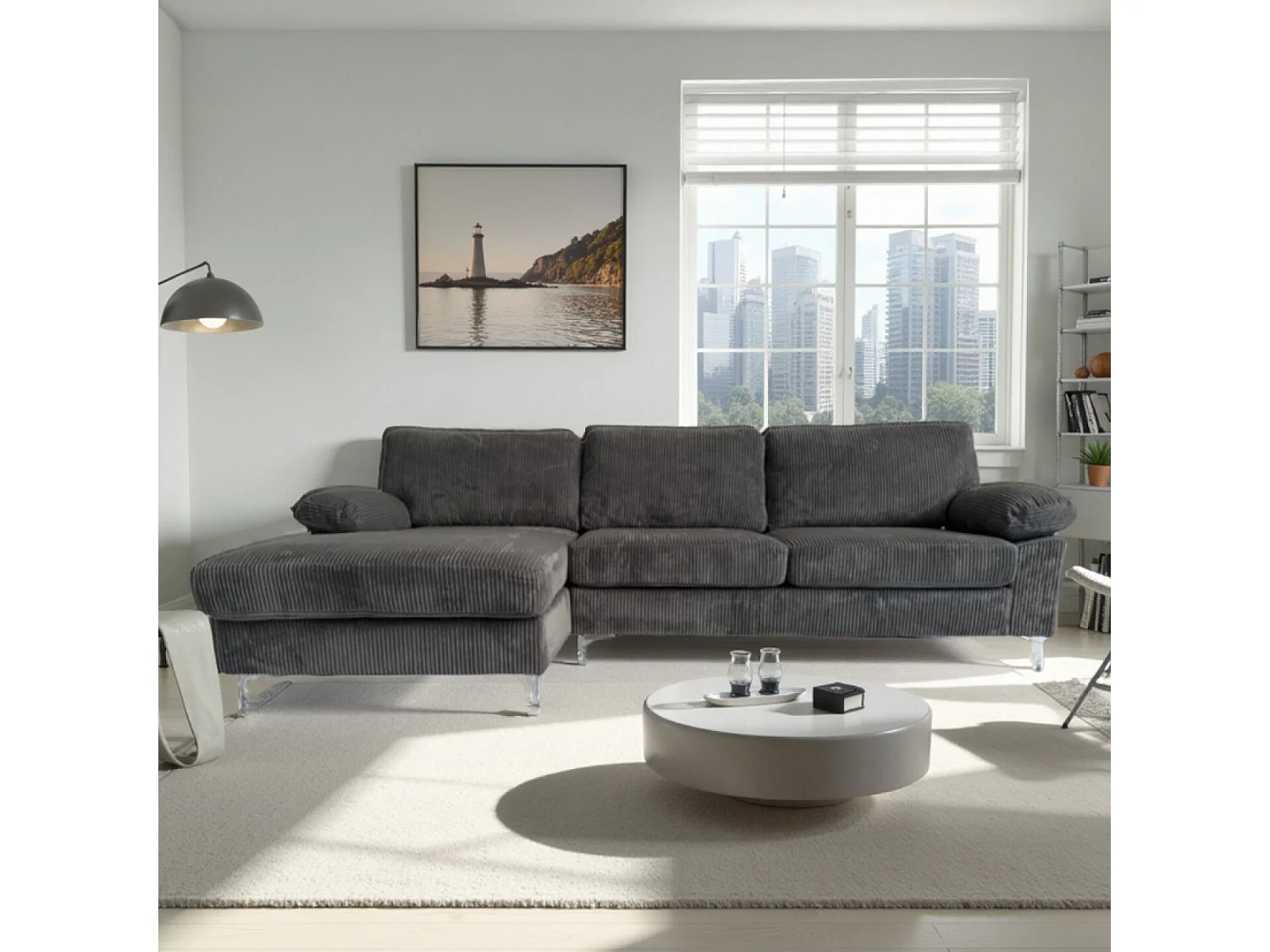 Divano d'angolo 4-5 posti con chaise longue sinistra in velluto a coste grigio antracite GALWAY
