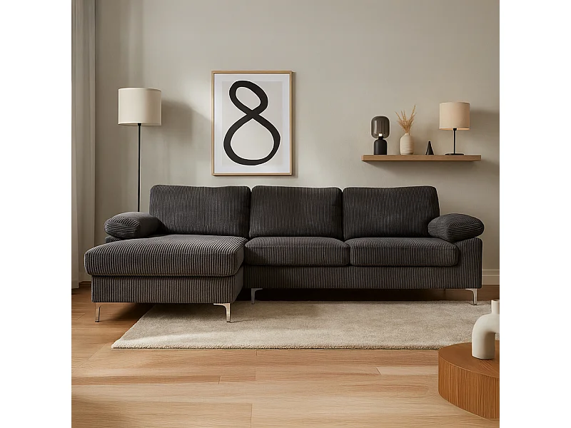 Sofá de esquina 4-5 plazas con chaise longue izquierda de terciopelo acanalado gris antracita GALWAY