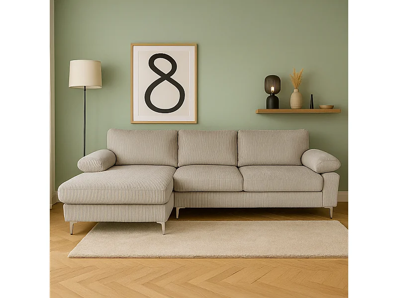 Ecksofa mit 4-5 Sitzplätzen und linker Ottomane aus beigeem Ripp-Velours GALWAY