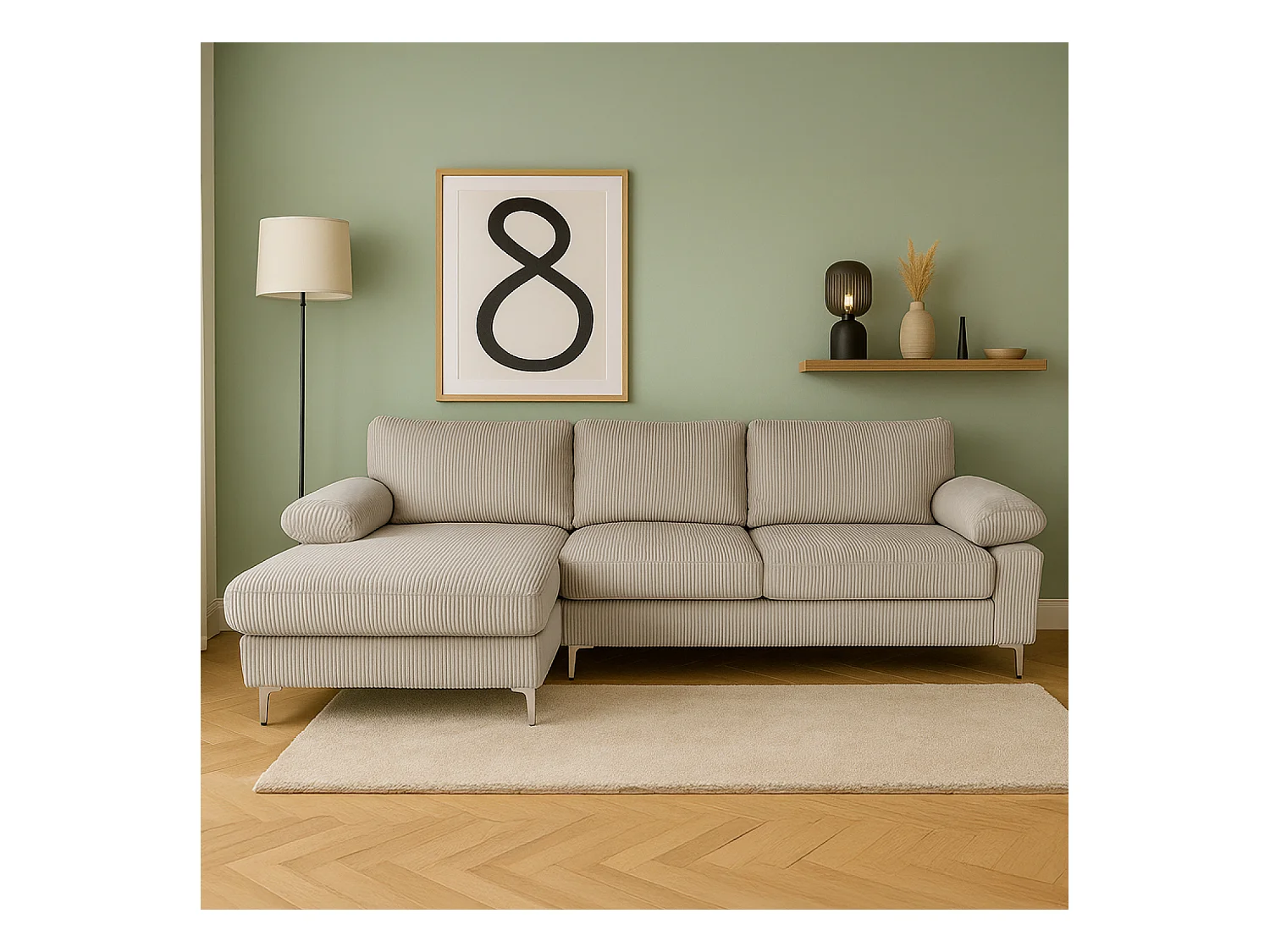 Canapé d'angle 4-5 places méridienne gauche velours côtelé beige GALWAY