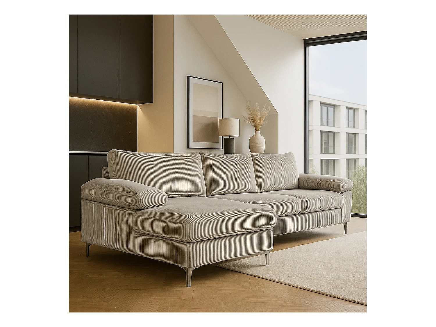 Canapé d'angle 4-5 places méridienne gauche velours côtelé beige GALWAY