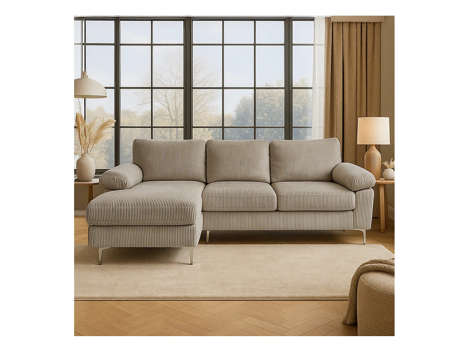 Canapé d'angle 4-5 places méridienne gauche velours côtelé beige GALWAY